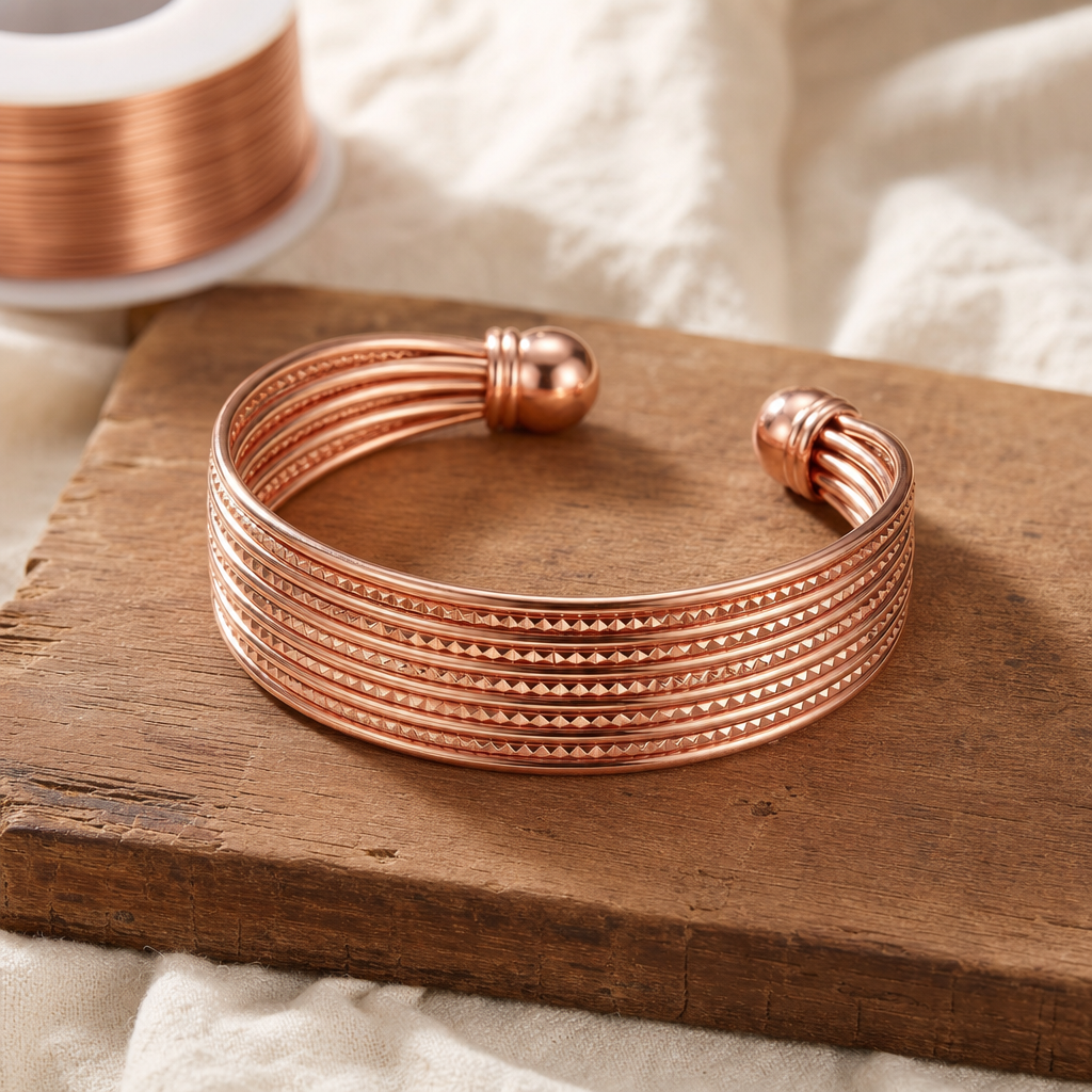 Copper Cuff Bracelet in Warm Copper Tone with Multi-Strand Textured Design — Handcrafted Pure Copper Wellness Bracelet — main image