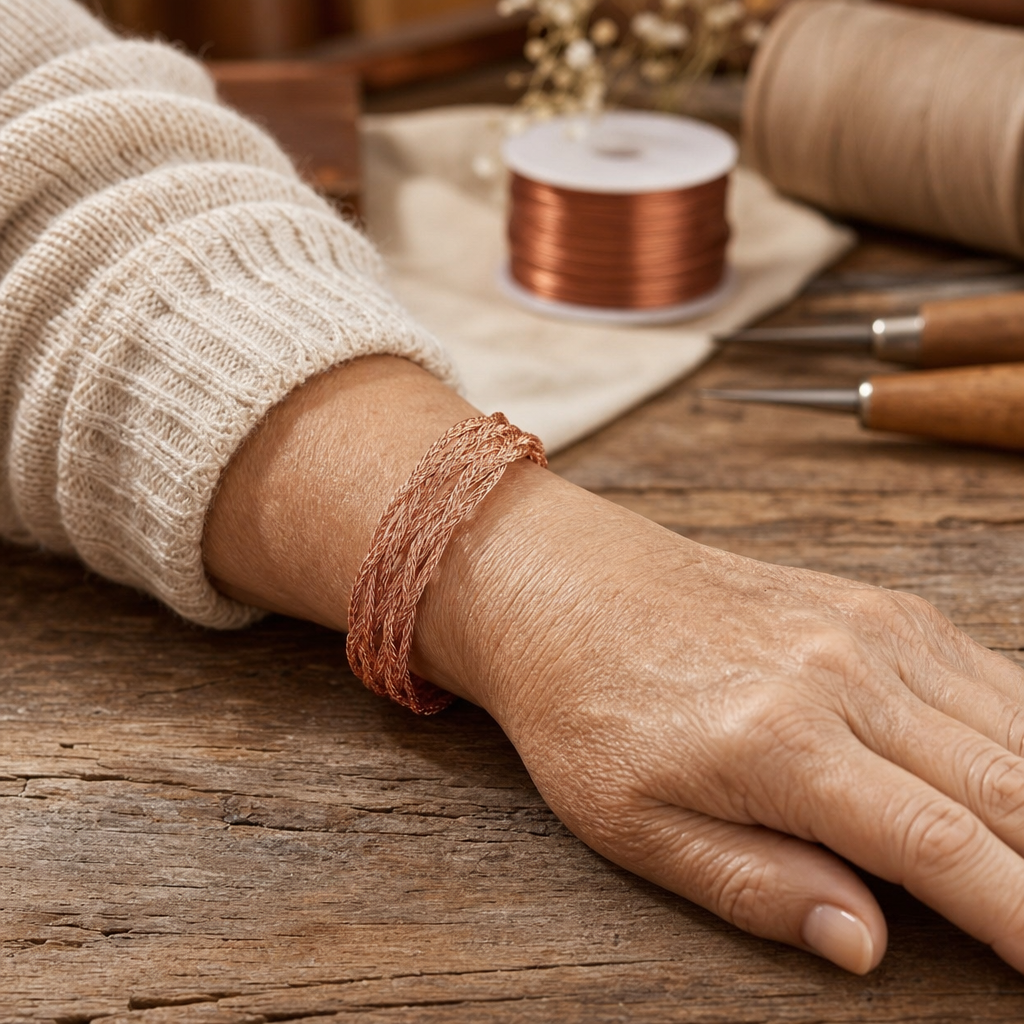 Copper Cuff Bracelet, Rose Copper Tone, 99.9% Pure Copper, Woven Mesh, Open Cuff — Copper Wellness Bracelet — view 2