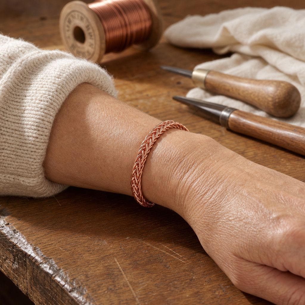 Copper Cuff Bracelet, Braided Twisted Rope Design, 99.9% Pure Copper — Hand-Shaped Open Cuff — view 2