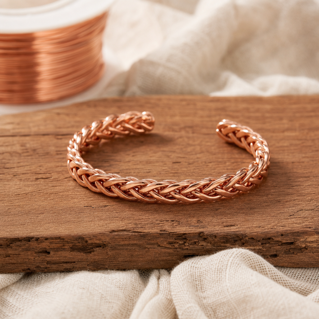 Cuff Bracelet Polished Copper 99.9% Pure Copper Braided Handcrafted Design — Open Cuff Wellness Bracelet — main image