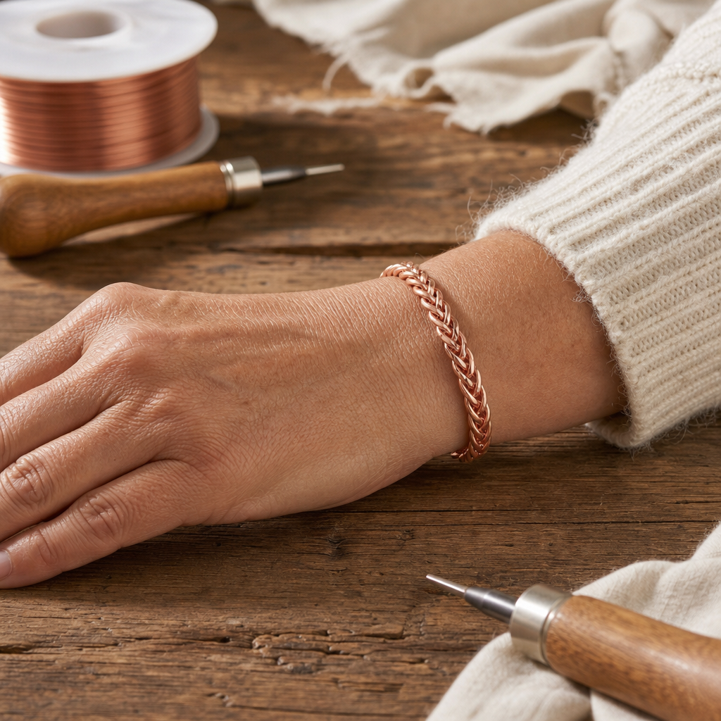 Cuff Bracelet Polished Copper 99.9% Pure Copper Braided Handcrafted Design — Open Cuff Wellness Bracelet — view 2