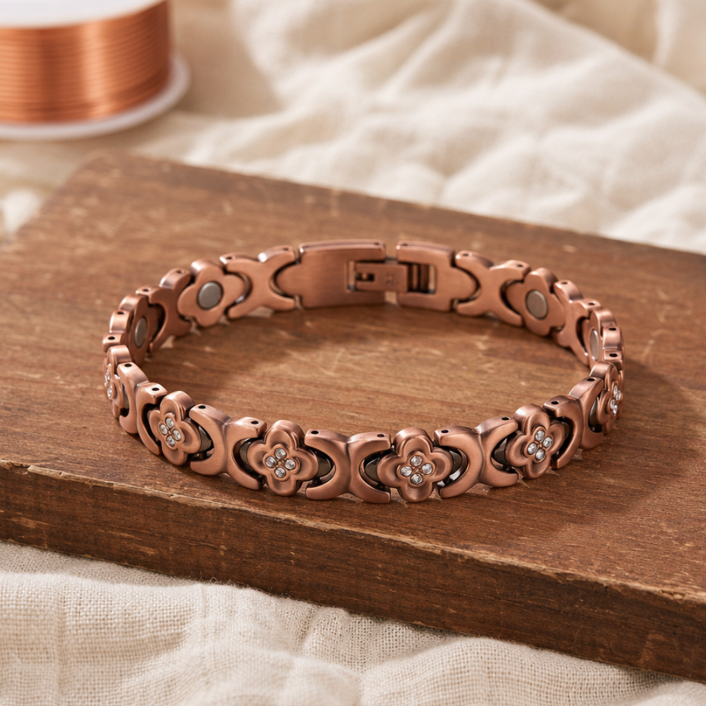 Copper Link Bracelet with Quatrefoil Rhinestone Design — Adjustable Fold-Over Clasp — main image