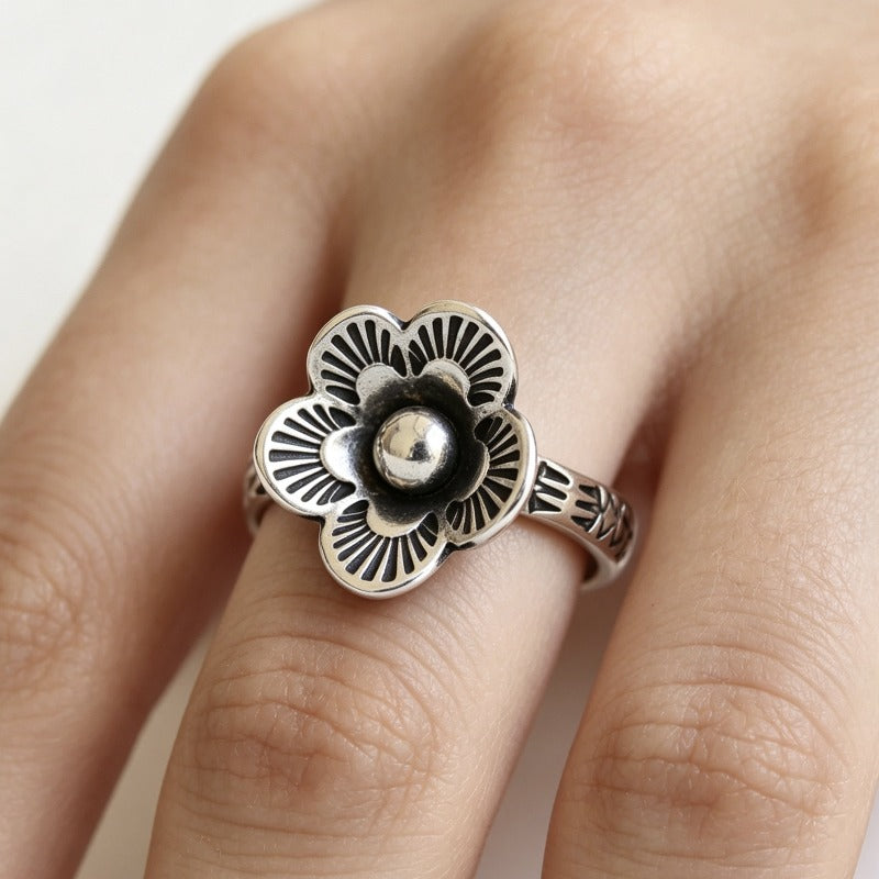Four-Petal Flower Ring in Silver Tone with Oxidized Petals and Gold Accents — view 2