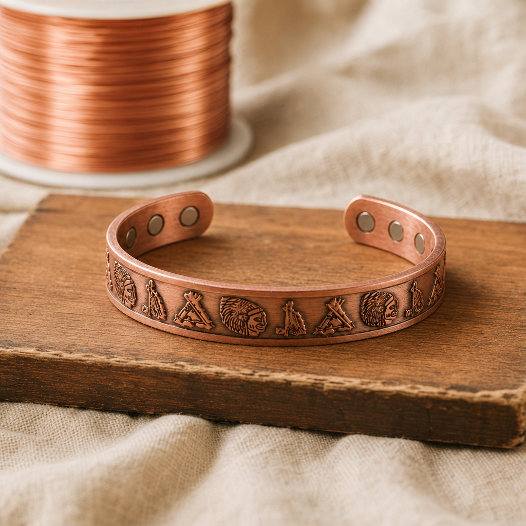 Cuff Bracelet in Burnished Copper with Embossed Nature Motifs and Magnetic Inserts — Adjustable Pure Copper Design — main image