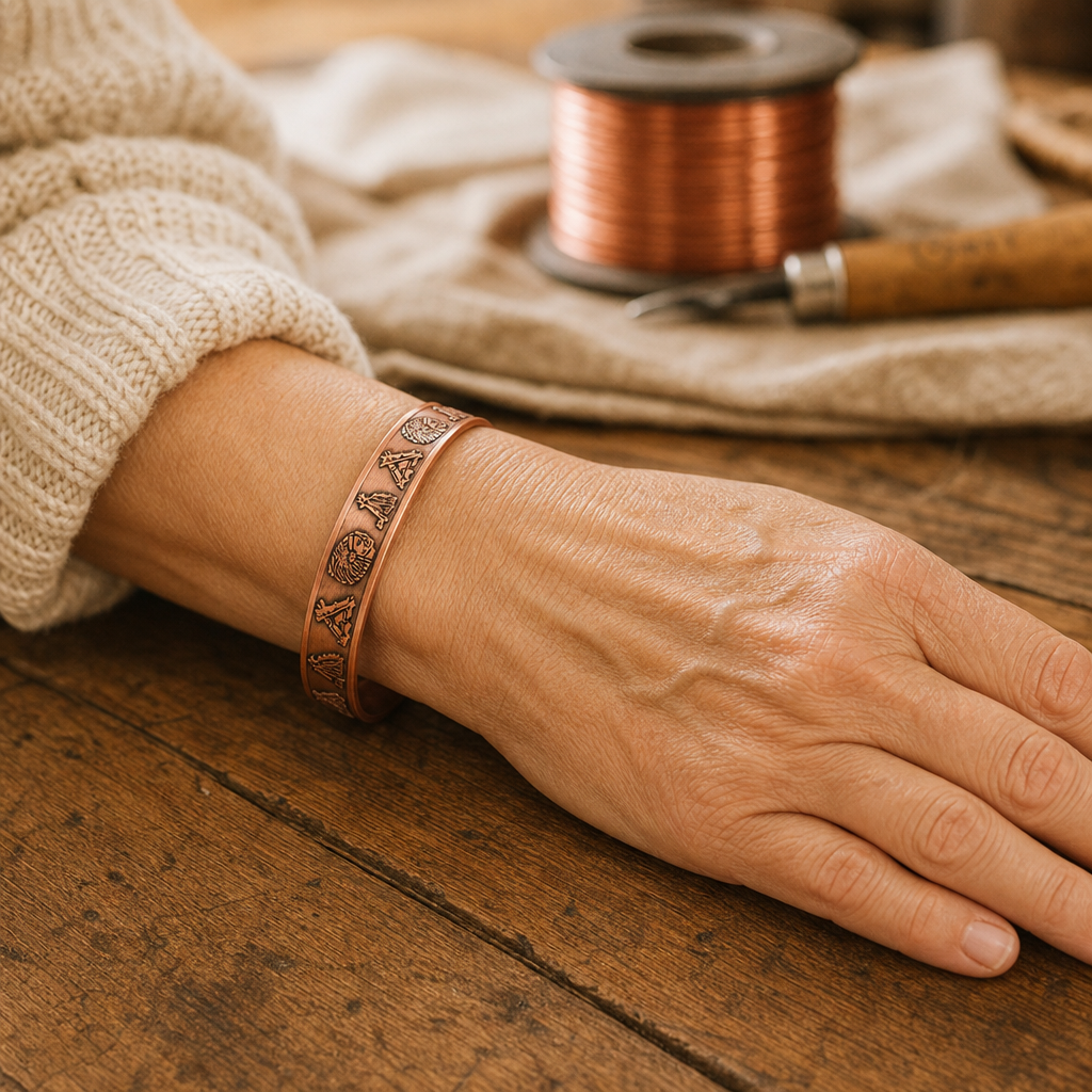 Cuff Bracelet in Burnished Copper with Embossed Nature Motifs and Magnetic Inserts — Adjustable Pure Copper Design — view 2