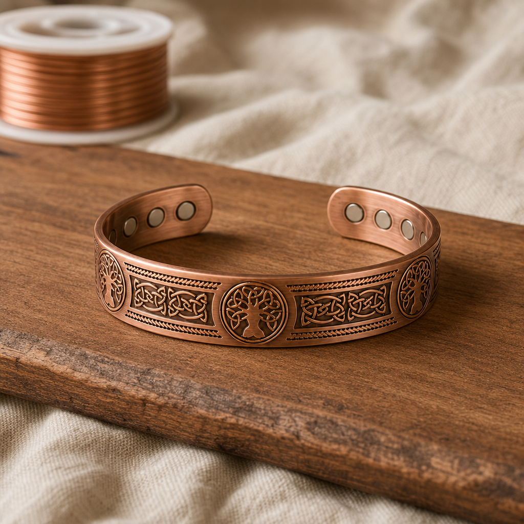 Copper Cuff Bracelet with Celtic Knot and Tree of Life Design — Hand-Shaped Open Cuff — main image