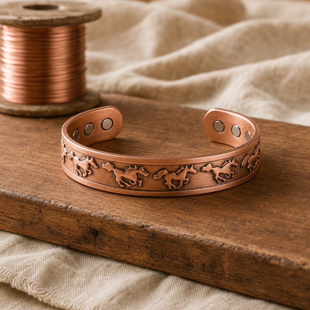 Copper Cuff Bracelet with Embossed Horse Motif — Hand-Shaped Adjustable Jewelry — main image