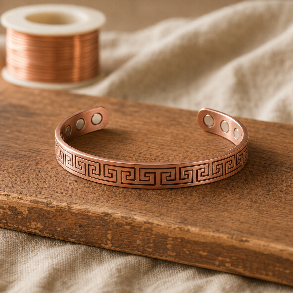Copper Cuff Bracelet with Greek Key Pattern and Magnetic Closure Studs — Handmade Adjustable Design — main image