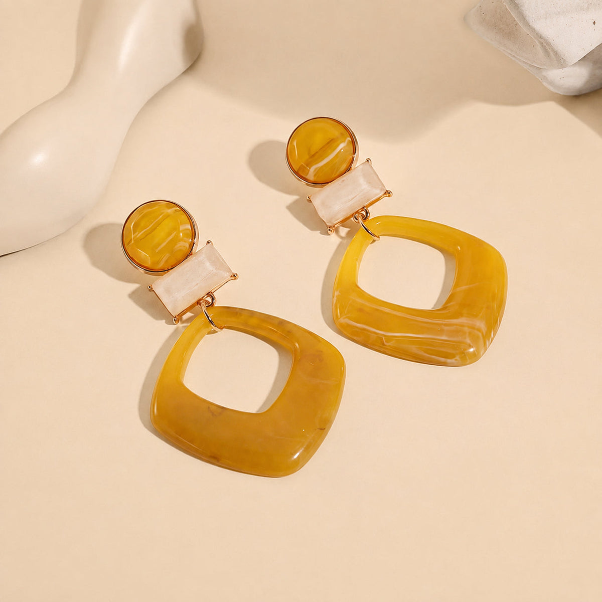 Tiered Geometric Amber Resin Drop Earrings — view 2