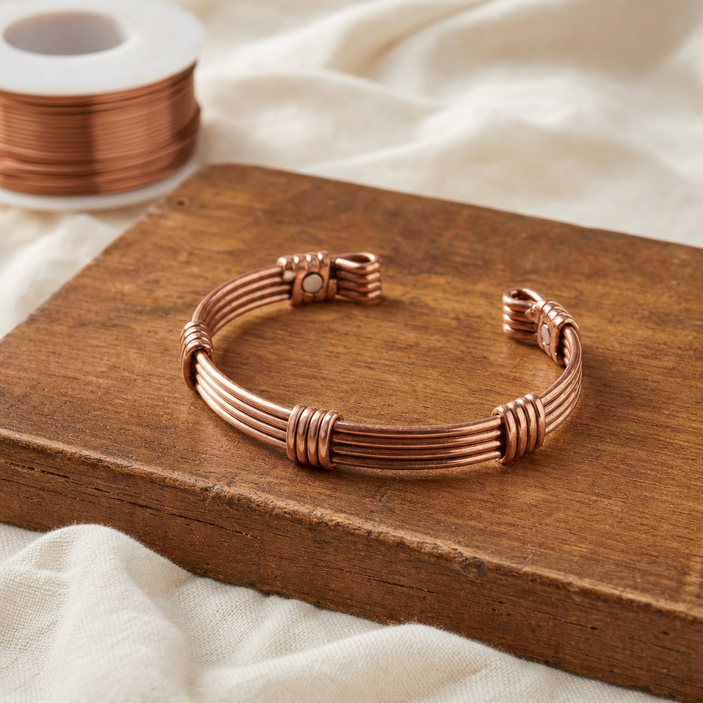 Copper Cuff Bracelet, Warm Copper Tone, 99.9% Pure Copper, Adjustable Open Cuff — Wire-Wrapped Design — main image