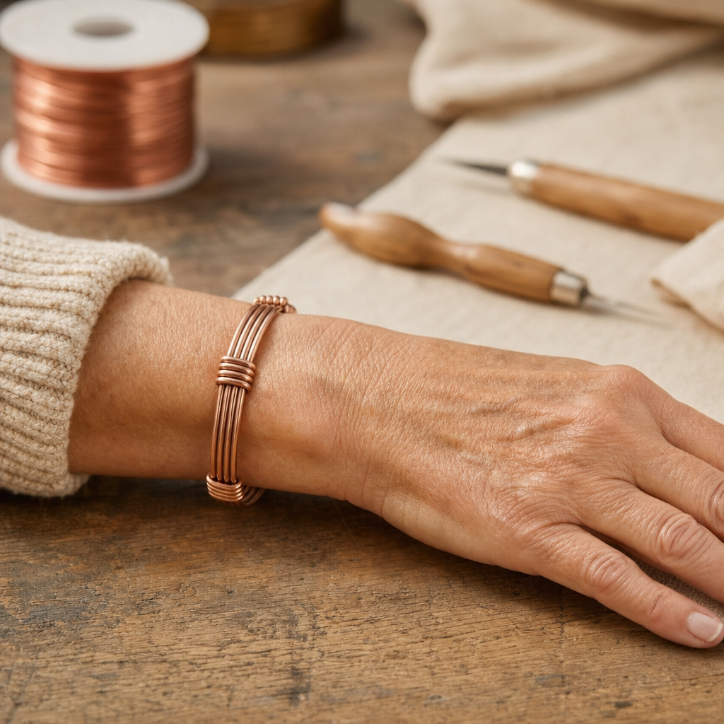 Copper Cuff Bracelet, Warm Copper Tone, 99.9% Pure Copper, Adjustable Open Cuff — Wire-Wrapped Design — view 2