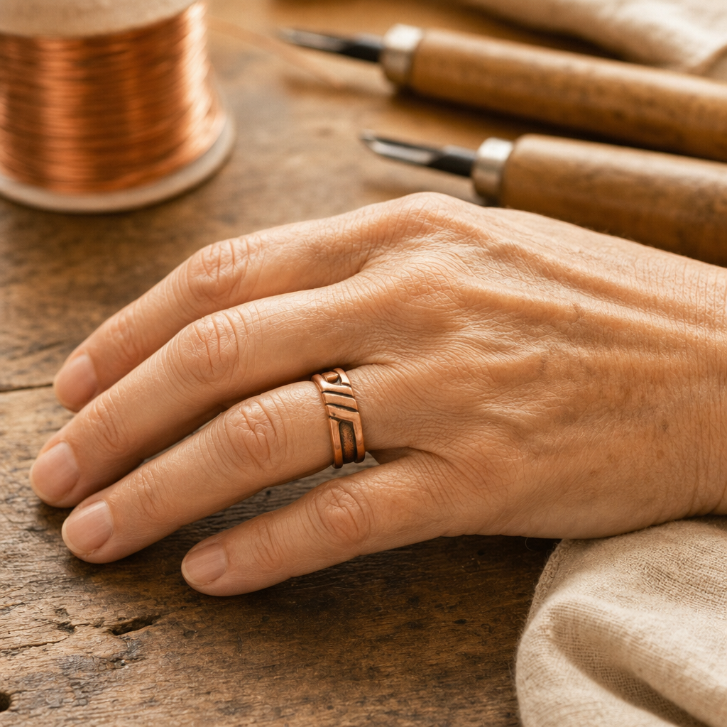 Copper Cuff Ring 99.9% Pure Copper Grooved Open Band — Hand-Shaped Adjustable Ring — view 2