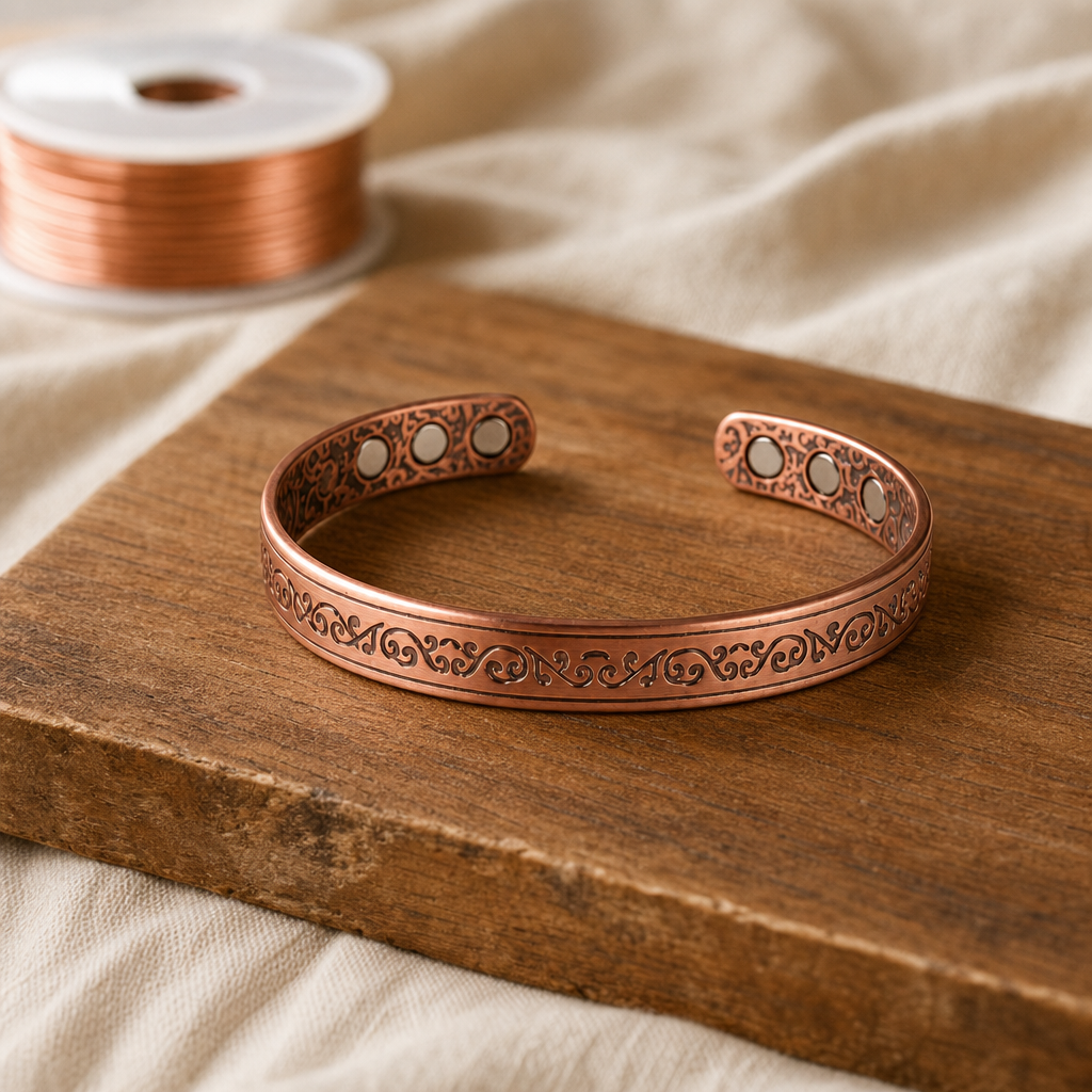 Copper Cuff Bracelet with Embossed Scrollwork Design — Adjustable Open Cuff — main image