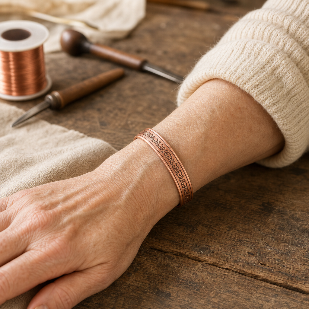 Copper Cuff Bracelet with Embossed Scrollwork Design — Adjustable Open Cuff — view 2