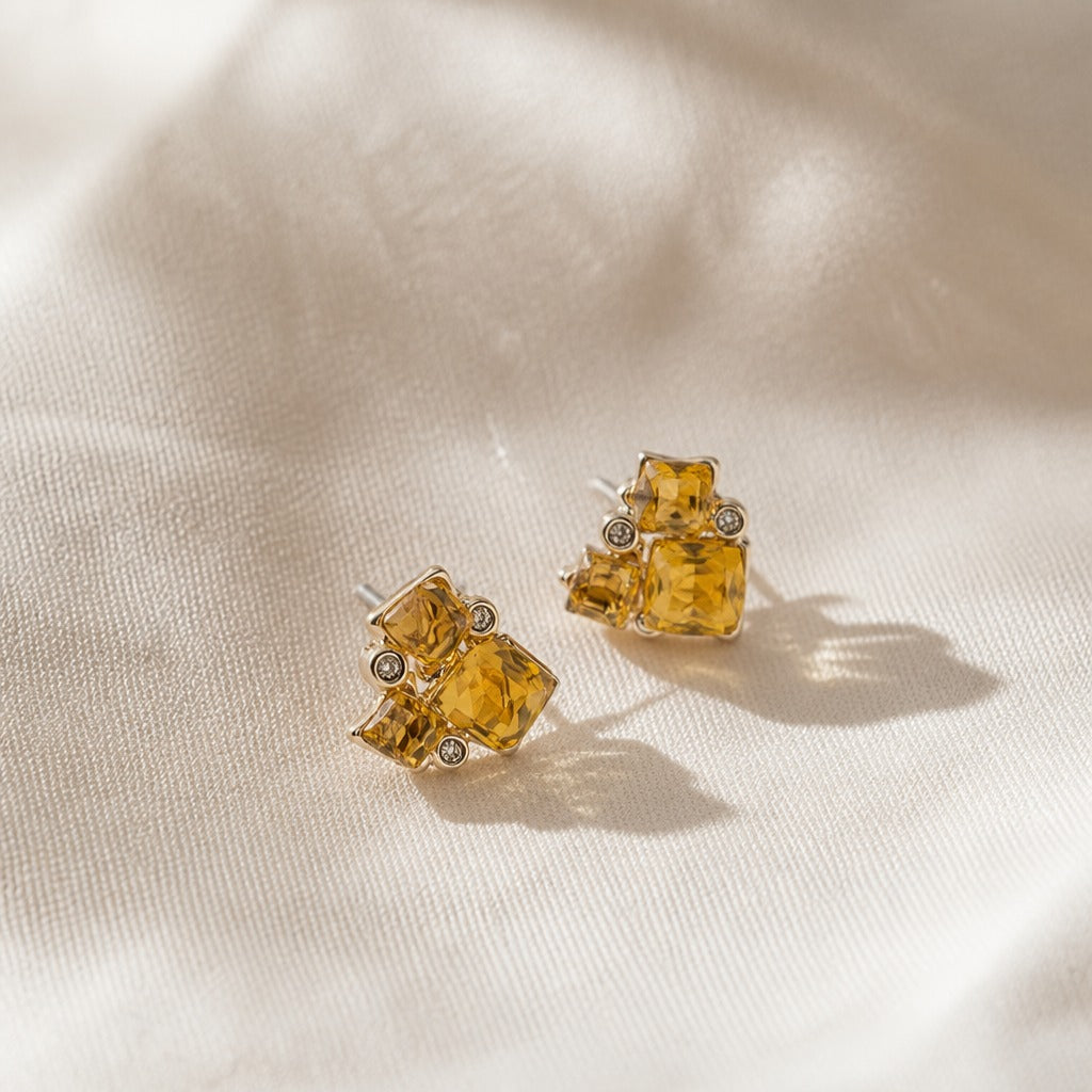 Geometric Amber Cluster Stud Earrings with Accent Stones — view 2