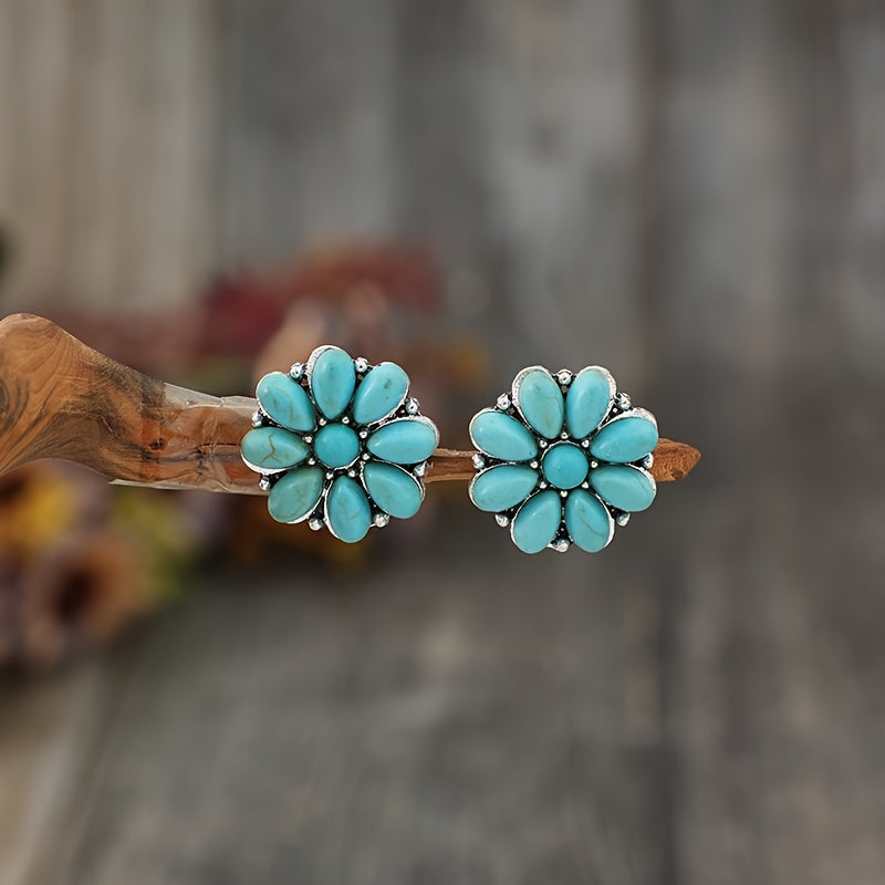 Turquoise Flower Cluster Stud Earrings with Silver-Tone Setting