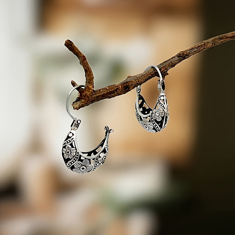Floral Relief Hoop Earrings with Beaded Detail, Ancient Silver Finish