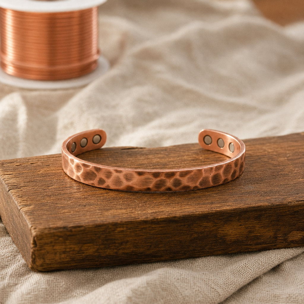 Copper Cuff Bracelet, Hammered Texture, 99.9% Pure Copper, Adjustable Open Design with Magnetic Elements — main image