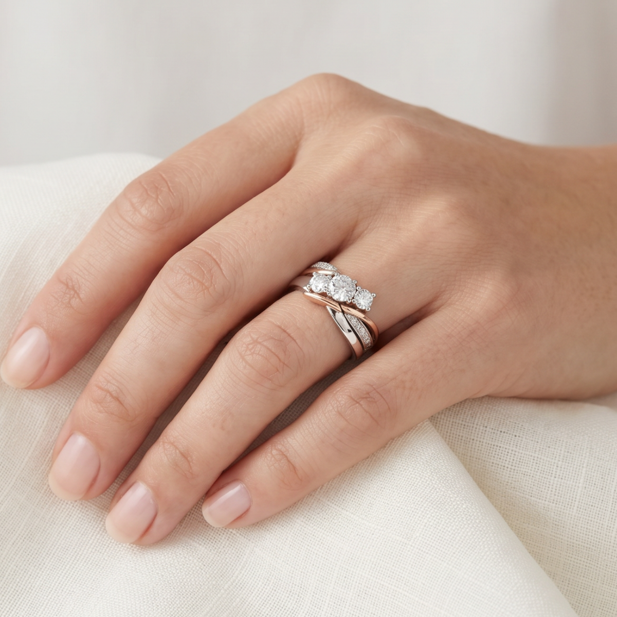 Three-Stone Cubic Zirconia Ring with Twisted Two-Tone Band