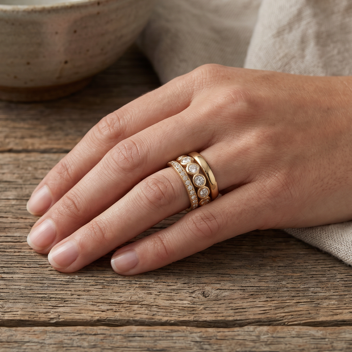 Bezel-Set Stone Stackable Ring Set with Pavé Band in Gold Tone
