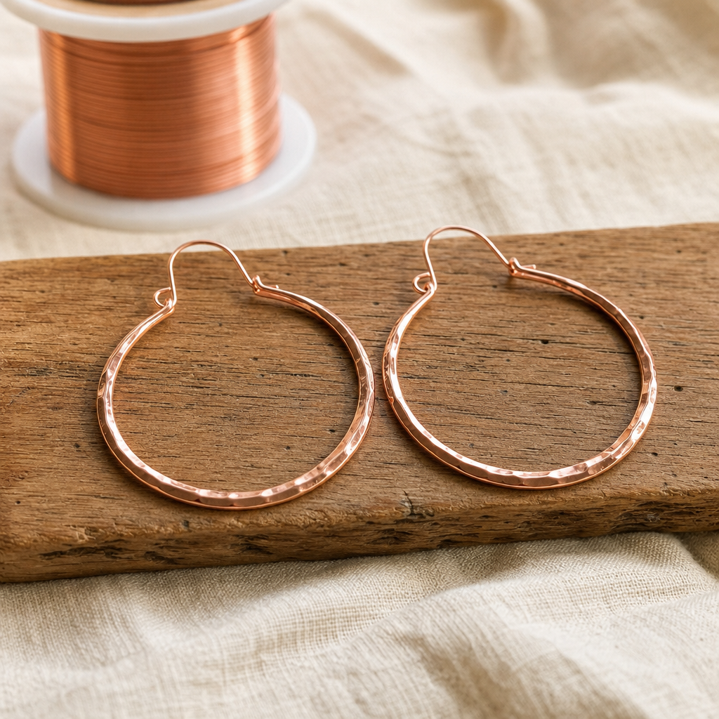 Hoop Earrings Copper Rose Gold Tone Hammered Texture — Handmade Copper Hoops — main image
