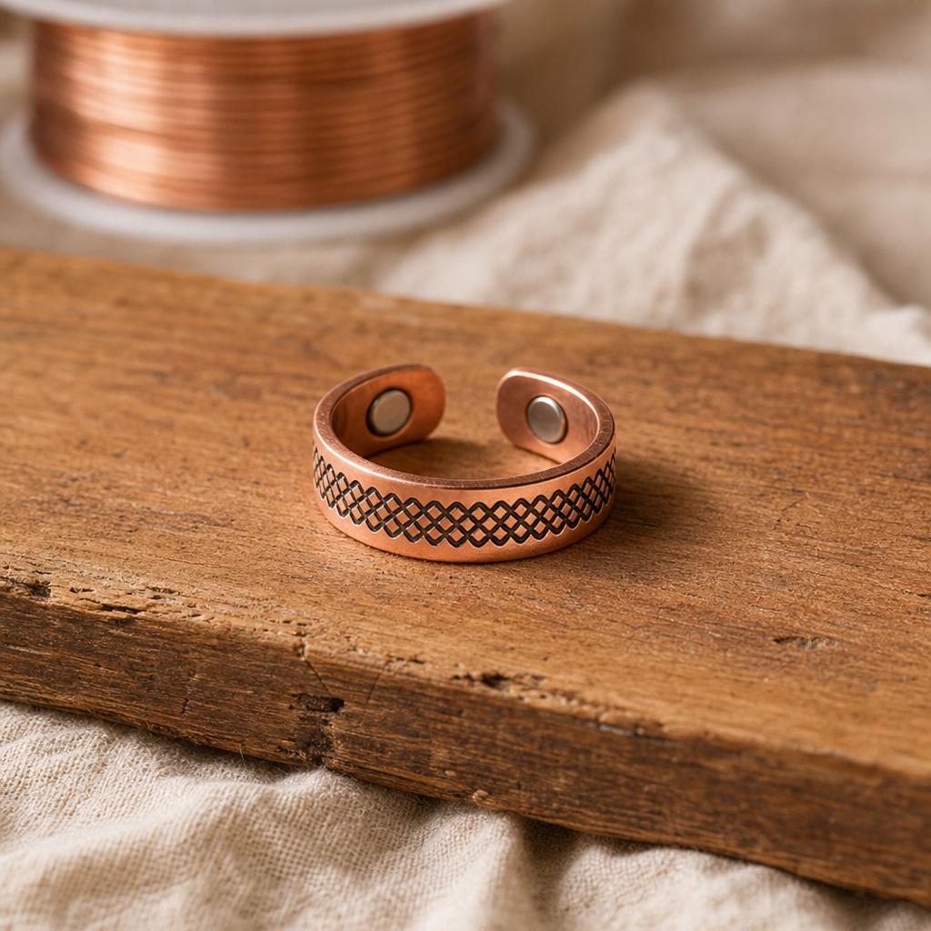 Copper Cuff Ring in Pure Copper with Grid Pattern and Magnetic Accents — Adjustable Open Design — main image