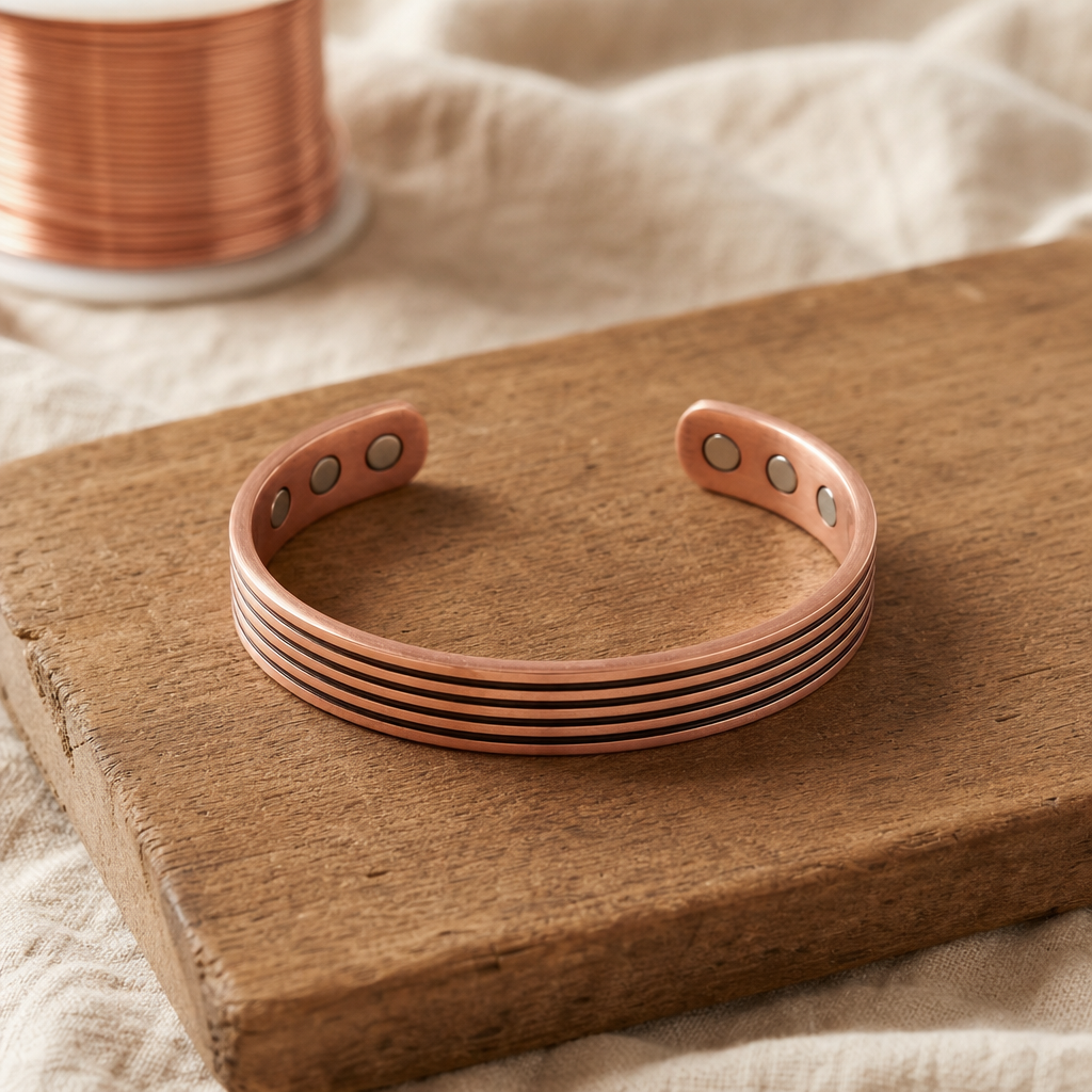 Cuff Bracelet in Copper, 99.9% Pure Copper, Grooved Open Design — Adjustable Hand-Shaped — main image