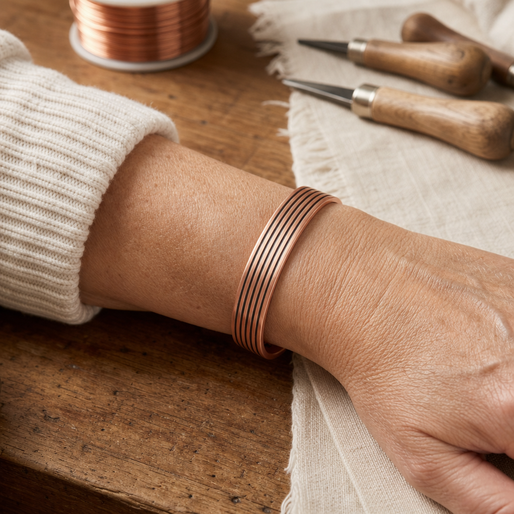Cuff Bracelet in Copper, 99.9% Pure Copper, Grooved Open Design — Adjustable Hand-Shaped — view 2