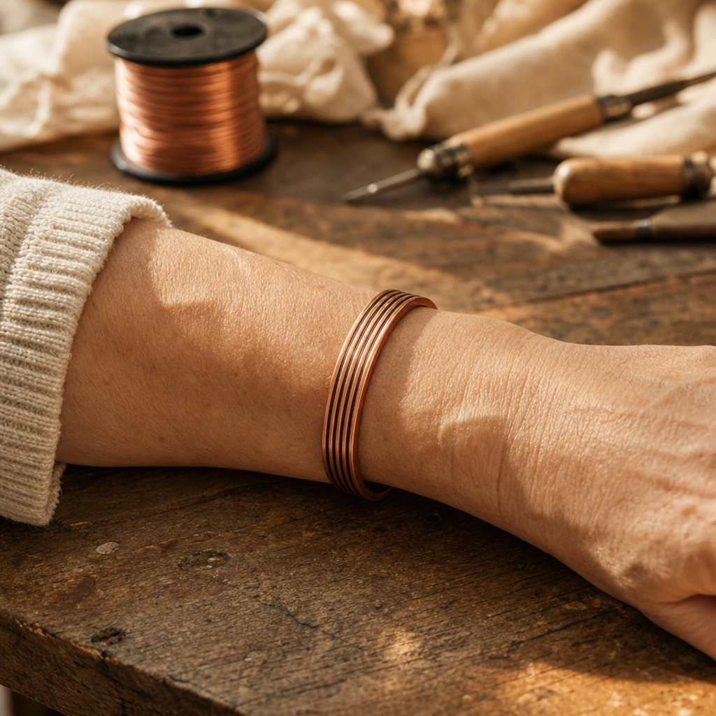Copper Cuff Bracelet with Ridged Bands, Adjustable Open Design — Pure Copper Wellness Bracelet — view 2