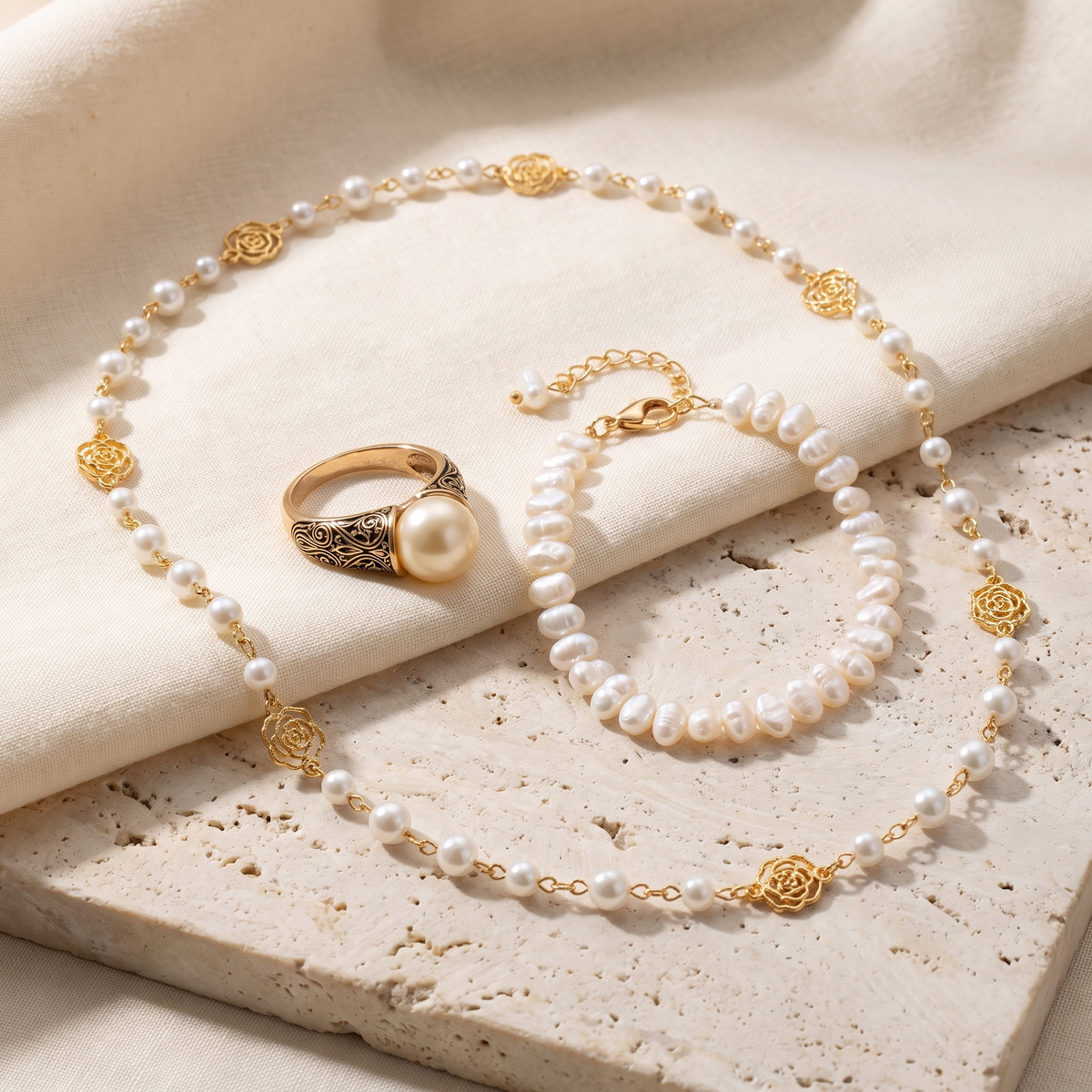 Pearl Jewelry Set - Gold-Tone Filigree Ring, Pearl Necklace and Celine Pearl Bracelet - 3 Pieces