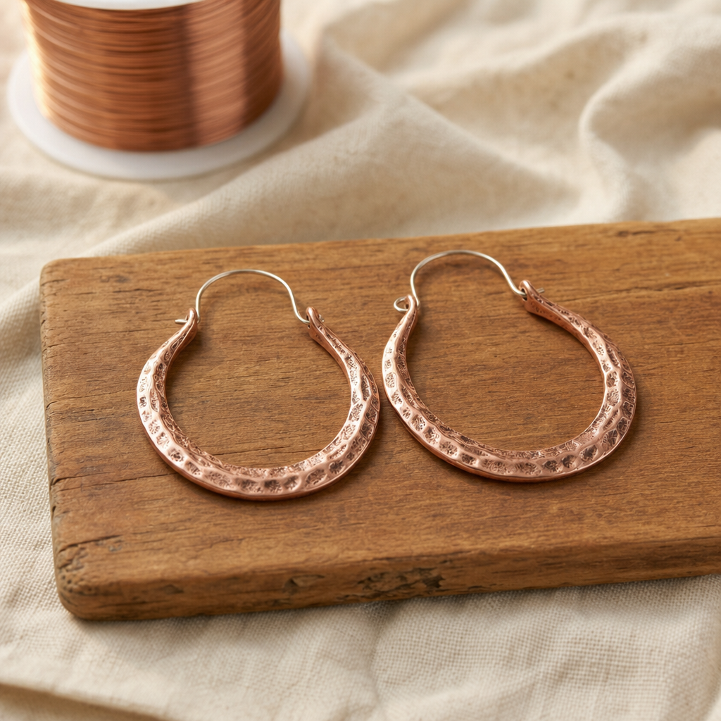 Hoop Earrings Rose Copper Hammered Texture — Oval Teardrop Design — main image