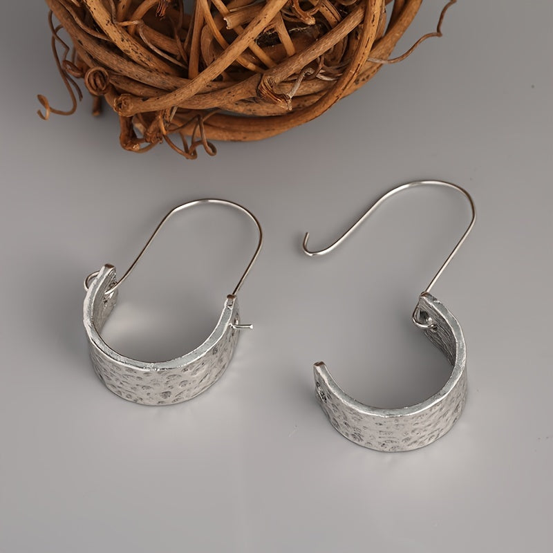 Small Textured Hoop Earrings, Vintage Silver-Tone Style with Curved Ear Wire