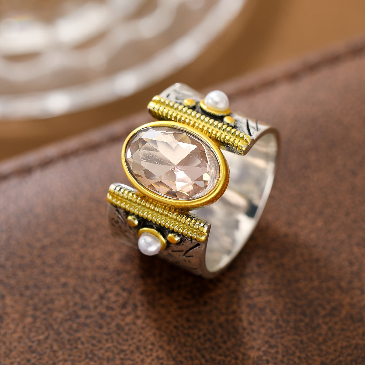 Oval Cubic Zirconia Ring with Pearl Accents and Wide Textured Band