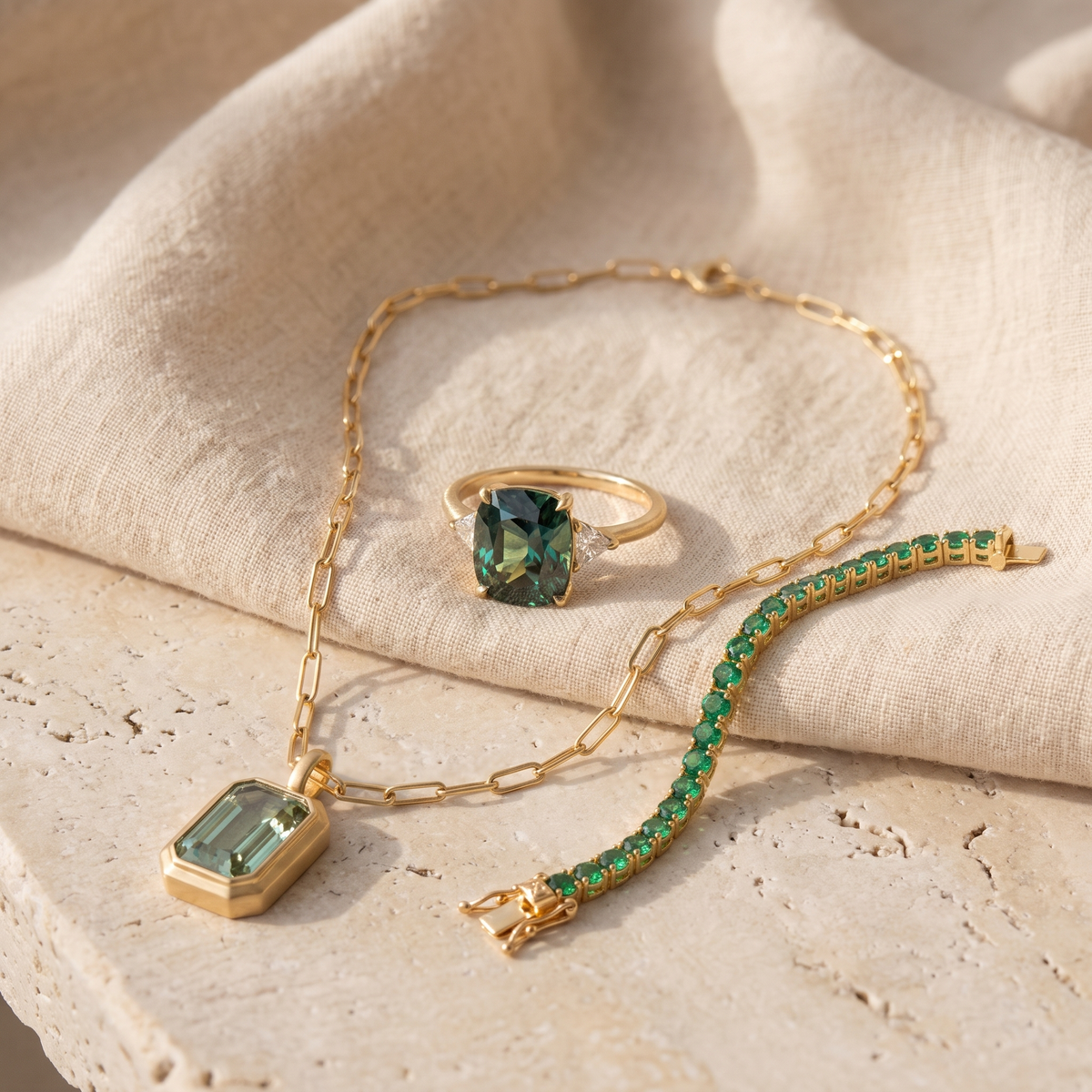 Green Stone Jewelry Set - Gold-Tone Cushion Ring, Pendant Necklace and Tennis Bracelet - 3 Pieces