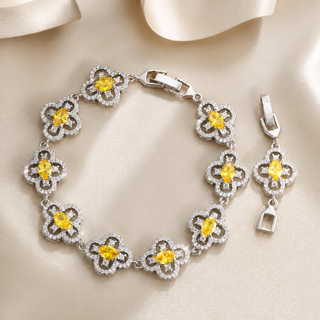 Yellow Cubic Zirconia Quatrefoil Bracelet with Silver-Tone Copper Alloy Band — view 2