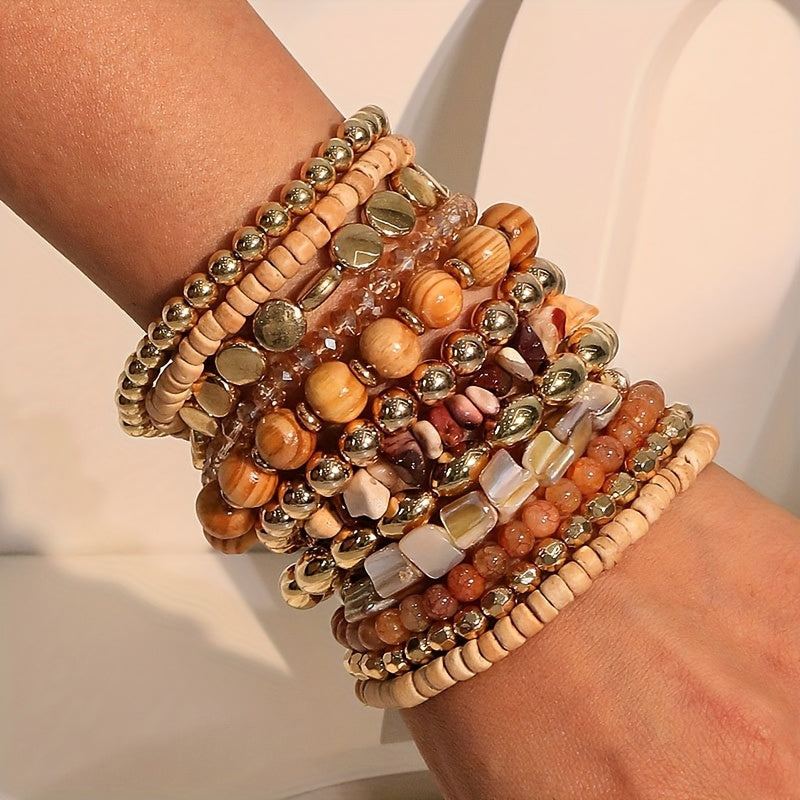 Boho Wood Bead & Gold-Tone Stretch Bracelet Stack Set