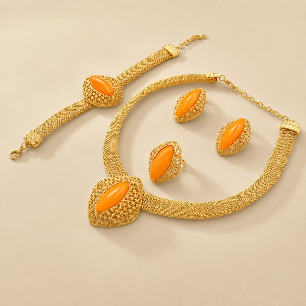 Amber Resin Filigree Jewelry Set – Necklace, Bracelet & 3 Rings — main image