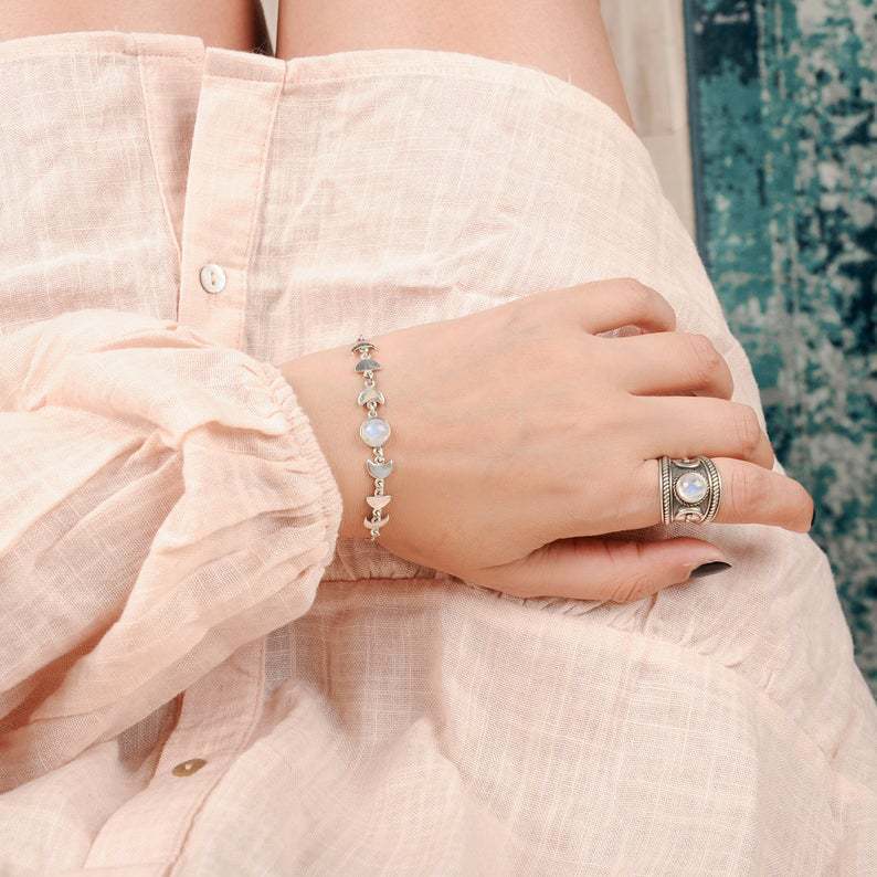 Moonstone-Look Jewelry Set - Silver-Tone Oval Ring, Teardrop Necklace and Moon Phase Bracelet - 3 Pieces