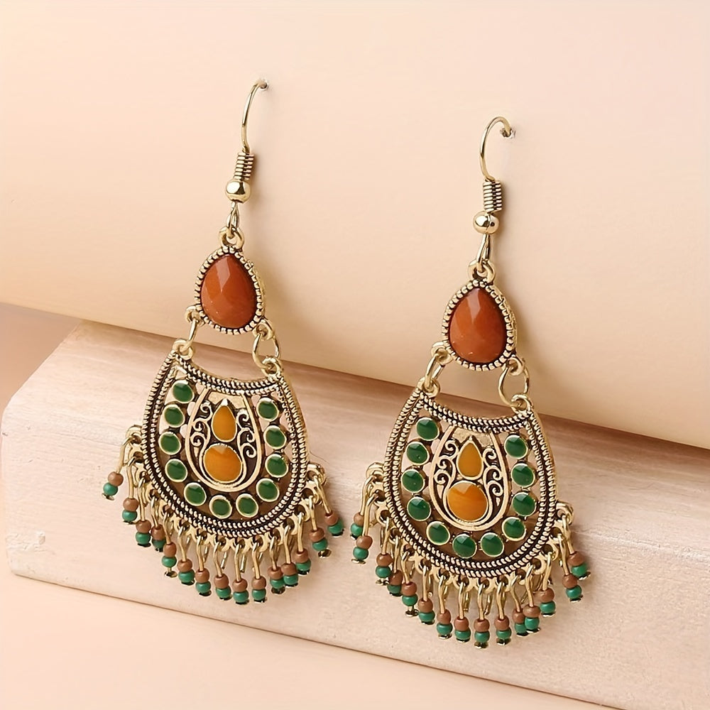 Teardrop Chandelier Earrings with Orange Stones and Green Beaded Fringe