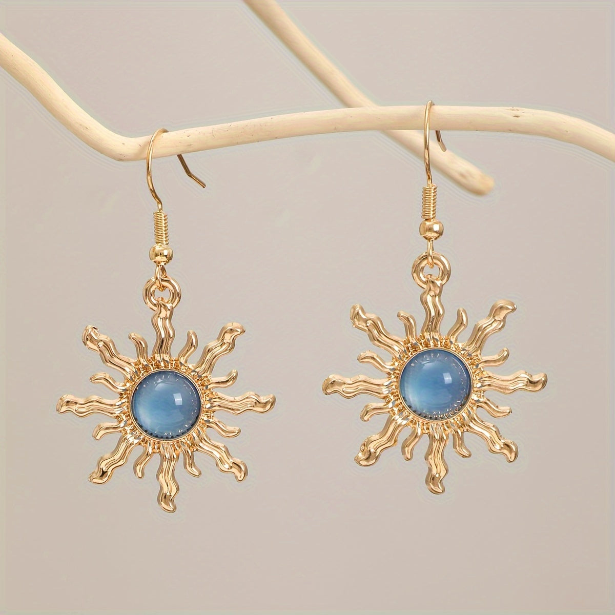 Sunburst Drop Earrings with Glass Cabochon and Fish Hook Wire
