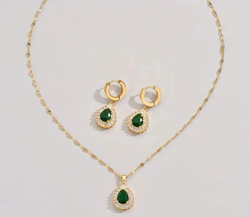 Emerald Teardrop Pendant Necklace & Earring Set with Crystal Halo in Gold Tone