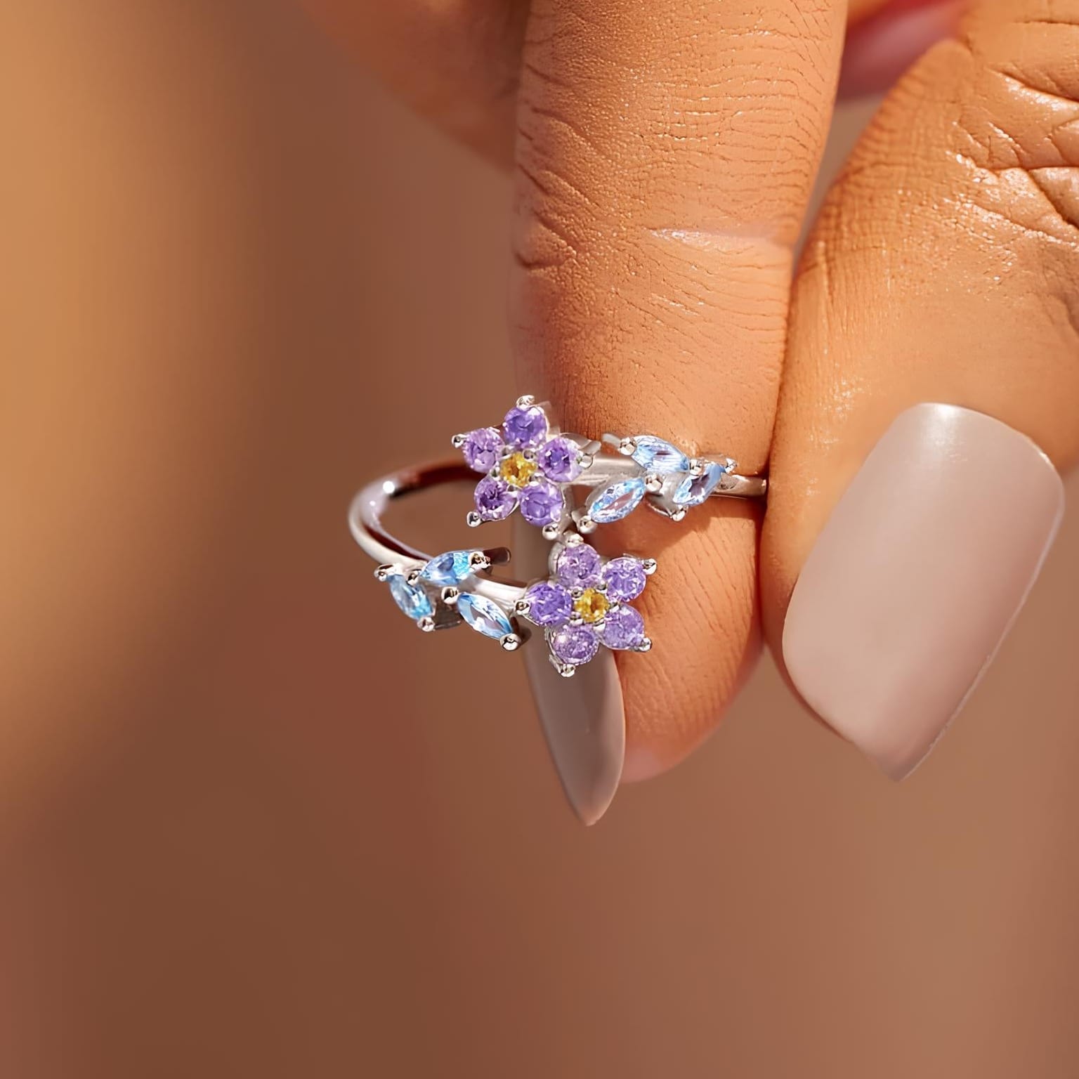 Dual Floral Cluster Ring with Purple, Blue and Yellow Stones, Adjustable Band