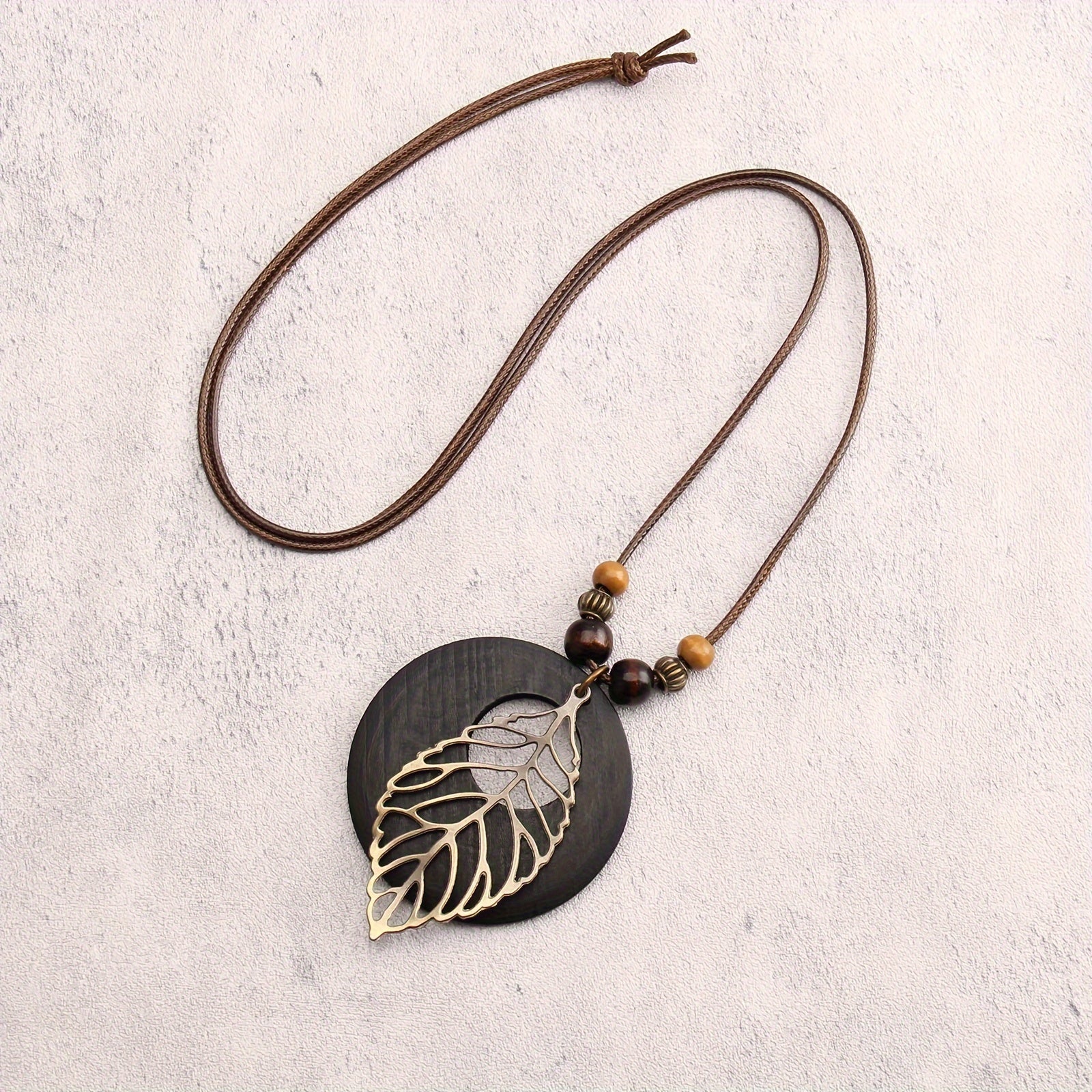 Boho Leaf Pendant Necklace with Wood-Tone Beads