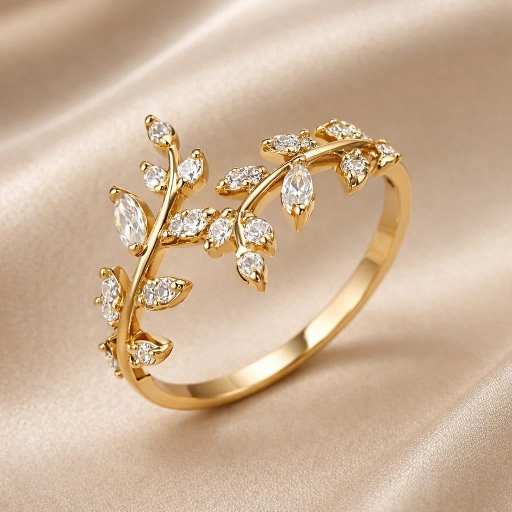 Vine Zirconia Ring with Open Band Design, White Gold or Gold Tone — view 2