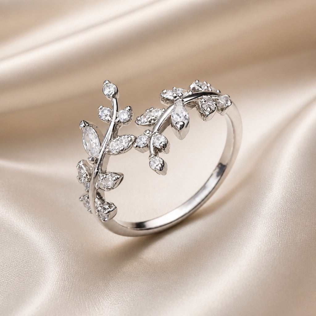 Vine Zirconia Ring with Open Band Design, White Gold or Gold Tone — main image