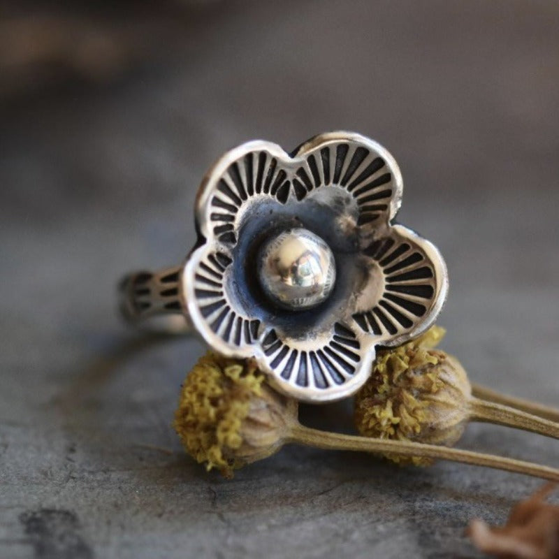 Four-Petal Flower Ring in Silver Tone with Oxidized Petals and Gold Accents — main image