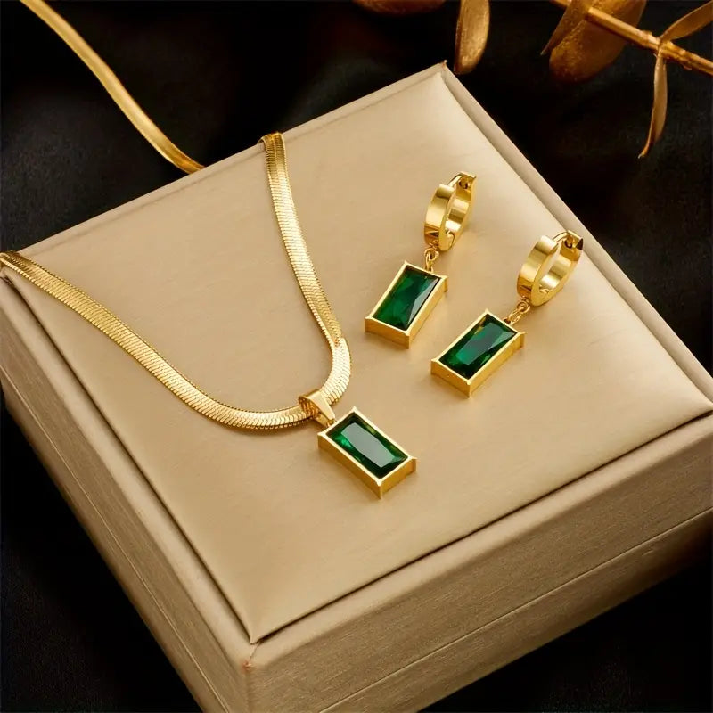 Emerald-Green Rectangular Stone Jewelry Set with Snake Chain Necklace & Hoop Earrings — view 3