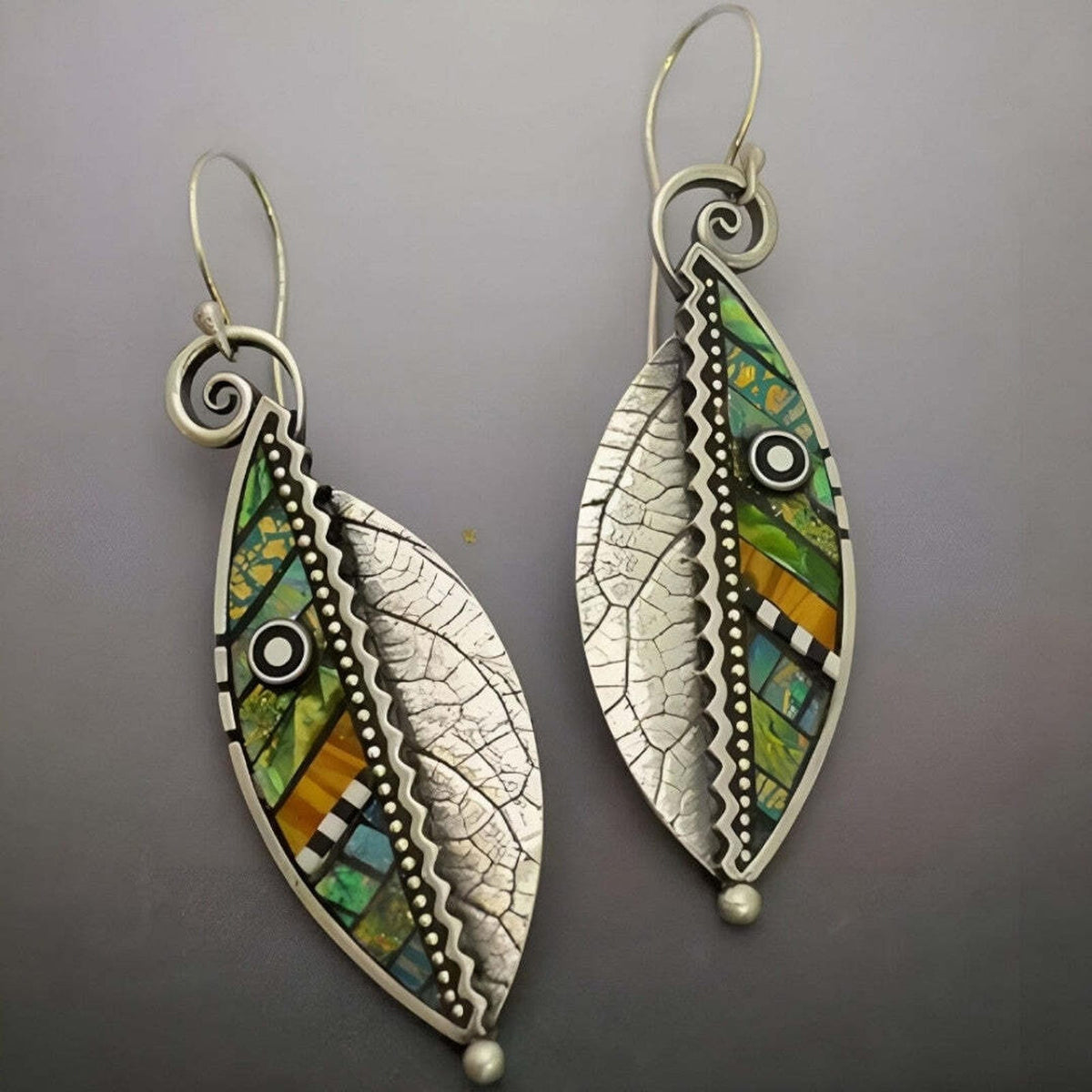 Leaf Mosaic Drop Earrings with Spiral and Beaded Detail — main image