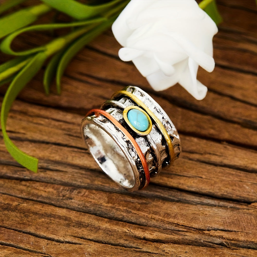 Oval Turquoise Statement Ring with Layered Silver, Brass and Copper Bands