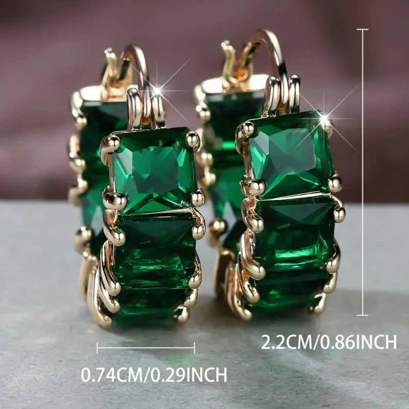 Emerald-Cut Green Stone Hoop Earrings with Gold-Tone Finish